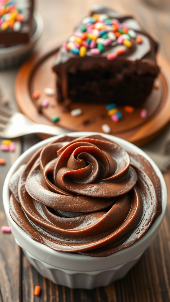 A bowl of vegan chocolate frosting with sprinkles, alongside a slice of chocolate cake.